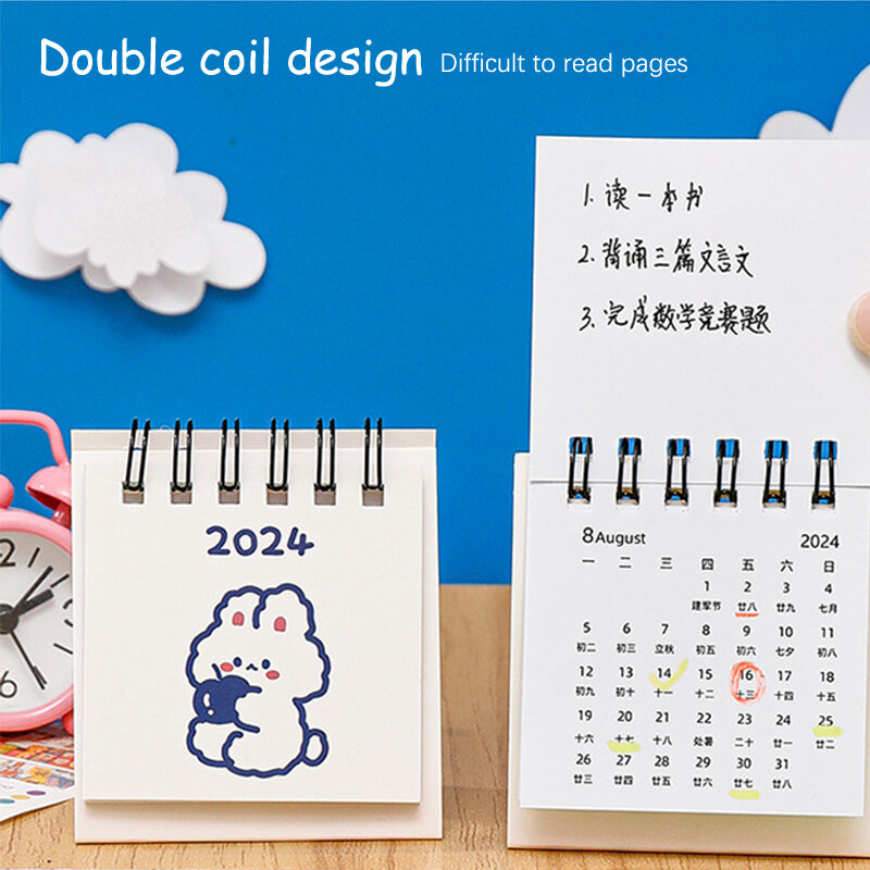 2024 Jahr einfach ins kleinen Schreibtisch Kalender Student Desktop niedlichen Cartoon Hund Kaninchen Mini Note Memo Kalender Studie Büro Kalender