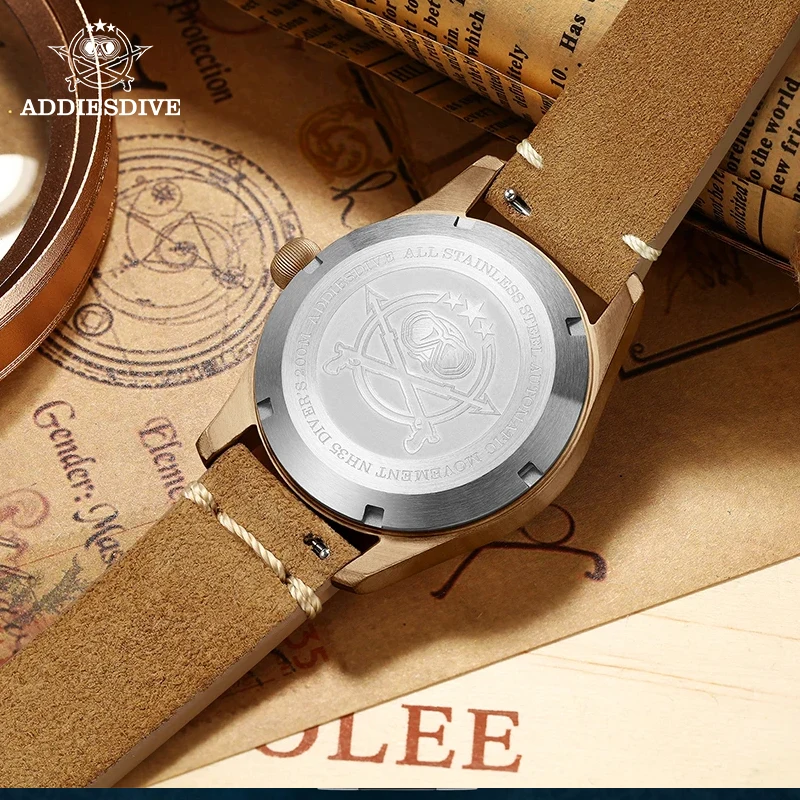 Addiesdive 39Mm Cusn8 Bronzen Automatische Mechanische Horloges Nh35a Saffier Glas Lederen Lichtgevende 200M Duik Mannen Horloge Reloj Hombre