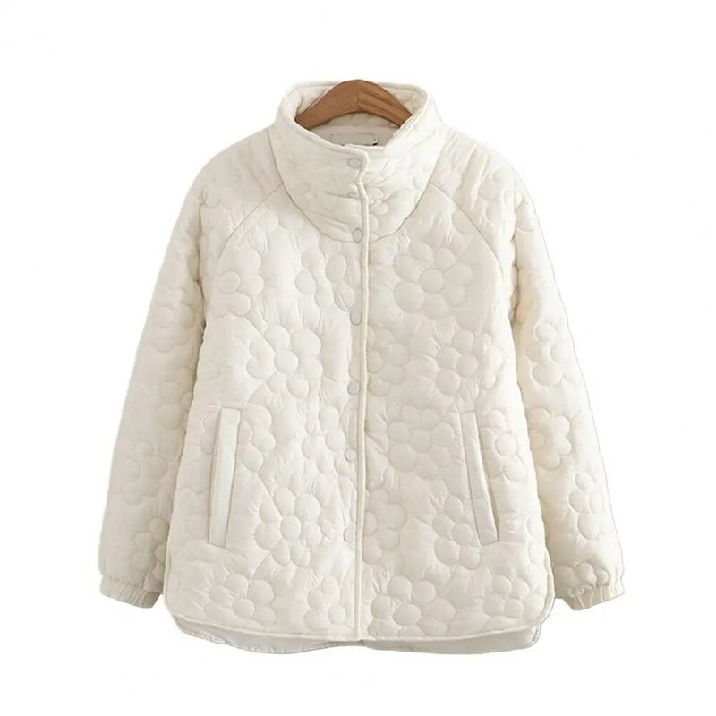 Women Winter Coat Windproof Cotton Winter Jacket with Stand Collar Flower Pattern Warm Thicken Overcoat for Women for Indoor