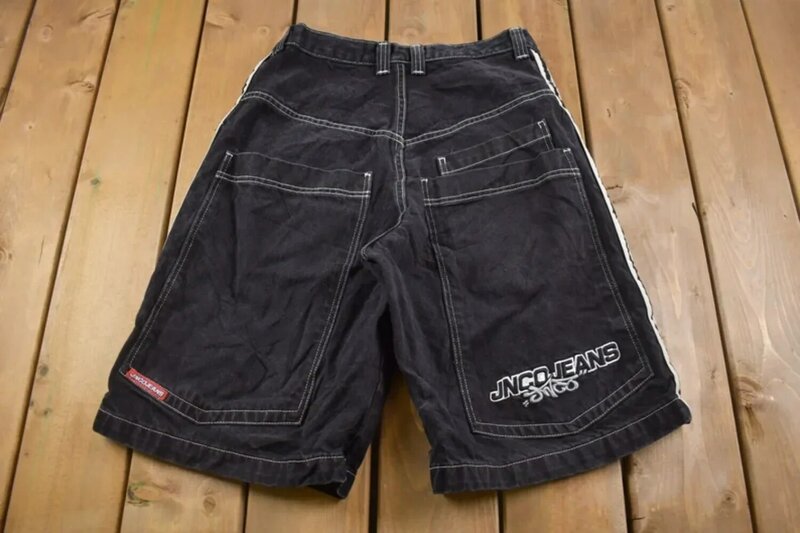 Винтажные джинсовые шорты JNCO Number 7 с графической вышивкой в стиле хип-хоп, мужские и женские Мешковатые Черные джинсовые шорты Y2K, готические брюки до колена