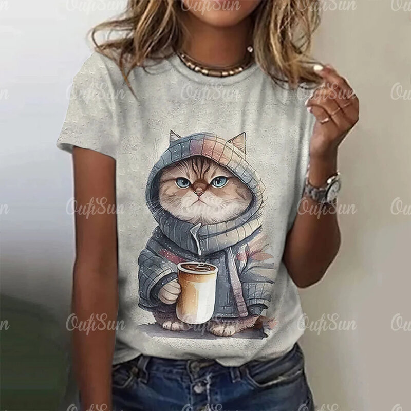 Summer Women's T Shirt Angry Cat Print V-Neck Short Sleeve Tops Casual Pullover Street Oversized Female Clothing Animal T-Shirts