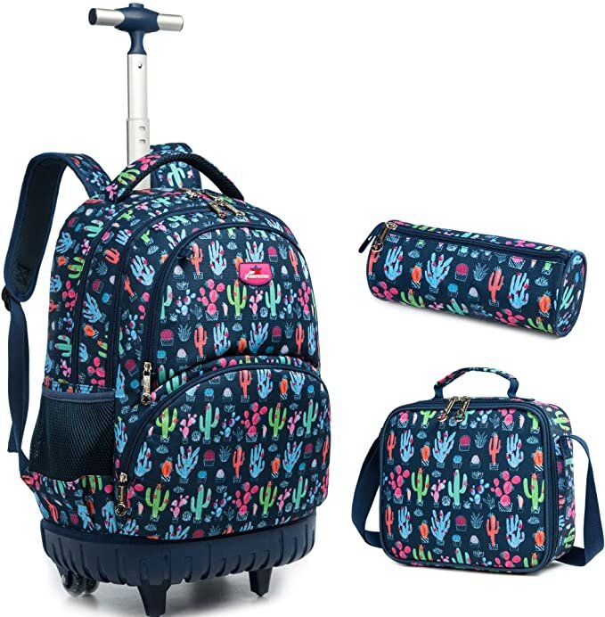 Jasminestar أطفال حقائب مدرسية ترولي على ظهره مع حقيبة الغداء مقلمة للبنين والبنات 18 بوصة المتداول على ظهره حقيبة بعجلات