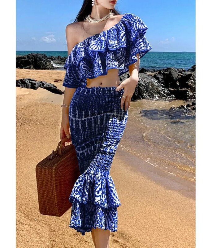 Tops y faldas de vaina Vintage azules para mujer, conjuntos elegantes de dos piezas, diseño de pasarela, Tops de cuello oblicuo Sexy + faldas de vacaciones de verano