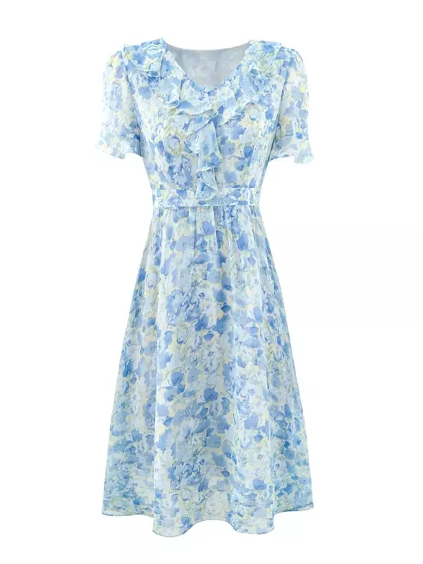 2024 nowa wiosna/lato moda francuska elegancka damska szyfonowa sukienka z dekoltem w szpic spódnica w kwiaty spódniczka z wysokim stanem temperamentu