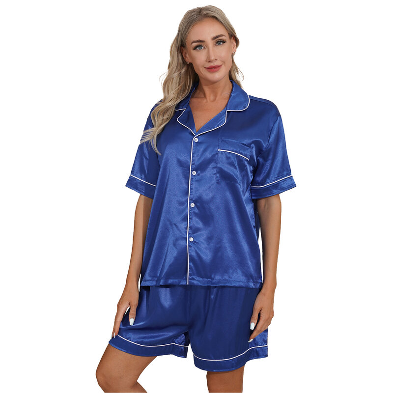 Conjunto de pijama de satén sedoso para mujer, camisa de manga corta con botones, Top con pantalones cortos elásticos, ropa de dormir informal, primavera y verano