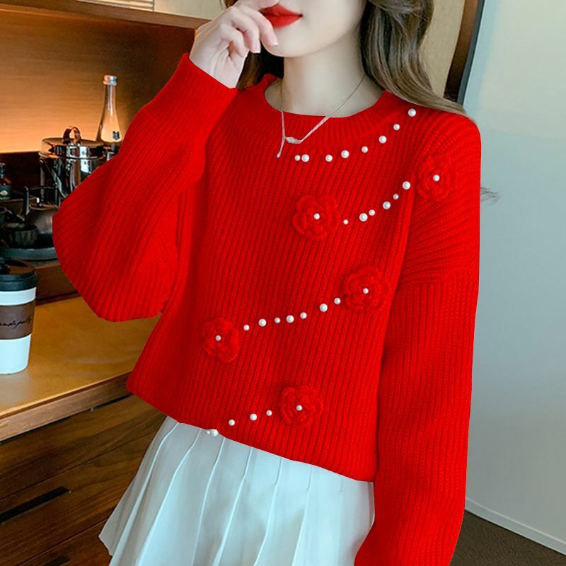 Women's Autumn Winter Fashion Elegant Round Neck Pullover Long Sleeve Solid Color Linen Casual Versatile Western Commuter Tops