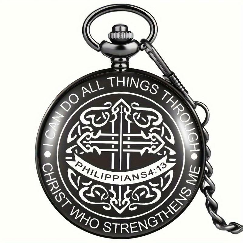 Black Bible Pattern Quartz Movement Pendant Chain Pocket Watch I Can Do All Things Through Christ Who Strengthens Me Timepiece