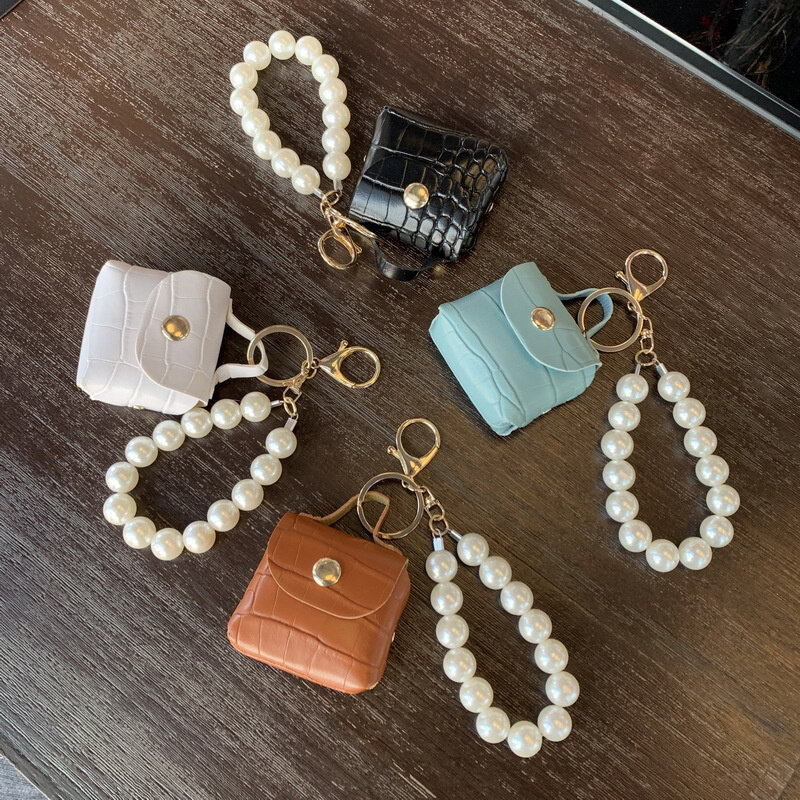 Small Earphone Box Soft Leather Key Organizer Bag Wallet Pouch Cute Mini Coin Purses Pearl Chain Keychain