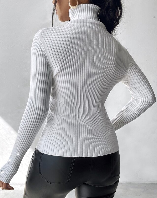 Sweater leher tinggi wanita, Sweater Pullover harian kurus lengan panjang kasual leher tinggi pola bunga berlian imitasi mode musim semi musim gugur