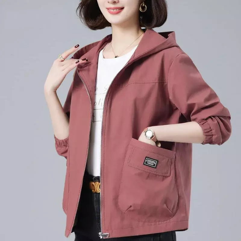 2024 Spring Autumn New Women's Jackets Long Sleeve Windbreaker Middle-Aged Mother's Coat Hooded Short Jacket Loose Outwear