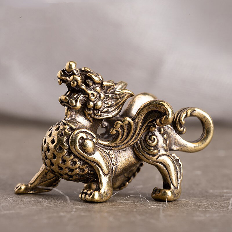 Estilo chinês bronze estátua estatueta riqueza prosperidade prosperidade ornamento, Qilin dragão sorte animal Fengshui, decoração vintage, 1pc