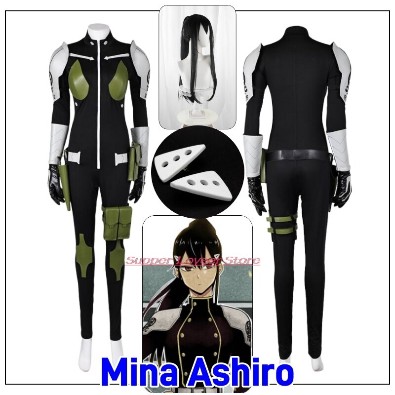 Disfraz de Cosplay de Anime Mina Ashiro Kaiju No. 8, horquillas de cuero negro, peluca, mono, bolsa, uniforme de tercera división, fiesta de Halloween