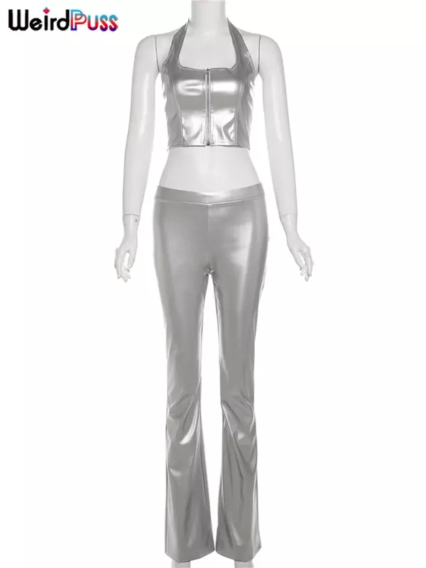 Женский комплект из 2 предметов на молнии Y2K, модный роскошный кожаный жилет с лямкой на шее и расклешенные брюки, подходящий хипстерский облегающий клубный комплект