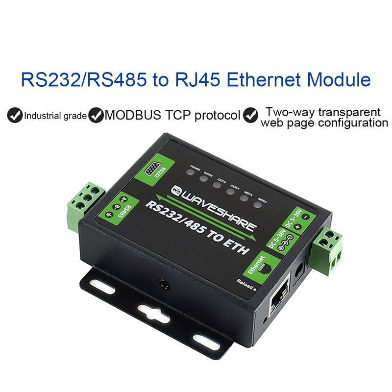 Waveshare RS232/RS485 To Network Port Module Dual Serial Port ETH RJ45 Industrial Grade Two-Way Transparent Transmission