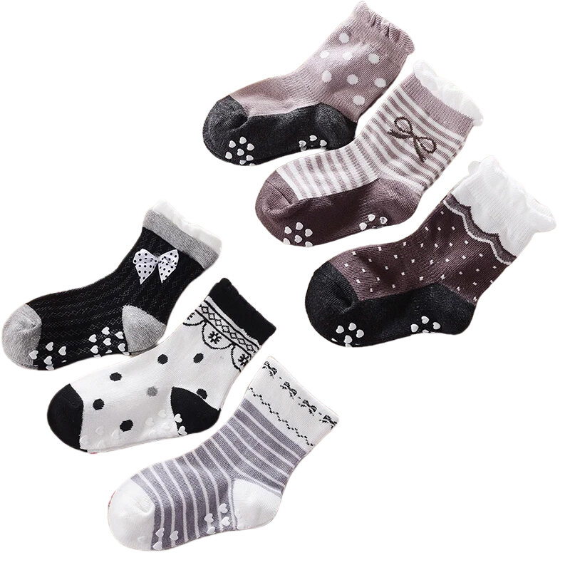 Conjunto de 3 pares de calcetines antideslizantes para niña, medias cortas de algodón con lazo y lunares, Top holgado para niña de 1 a 2/2 a 5 años