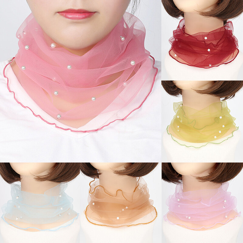 여성용 투명 스카프, 가짜 진주 장식, 메쉬 목걸이, 원형 스카프, 가을 겨울 의류 액세서리, 1PC