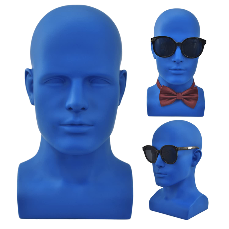 Profissional masculino manequim cabeça, display stand, fone de ouvido para perucas, chapéus, azul fosco