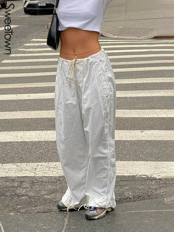 Повседневные мешковатые спортивные штаны Sweetown с широкими штанинами, белые свободные уличные штаны с завязками и низкой талией, женские брюки-карго, штаны для бега в стиле хиппи