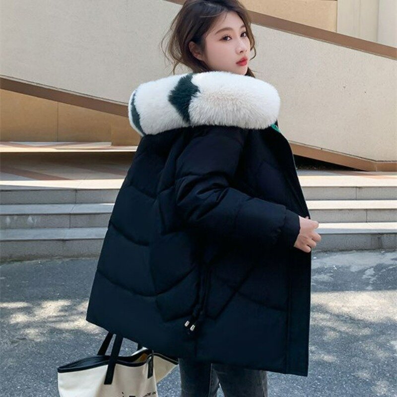 Jaket panjang bertudung untuk wanita, mantel bulu angsa Parkas longgar ukuran besar tebal musim dingin 2023