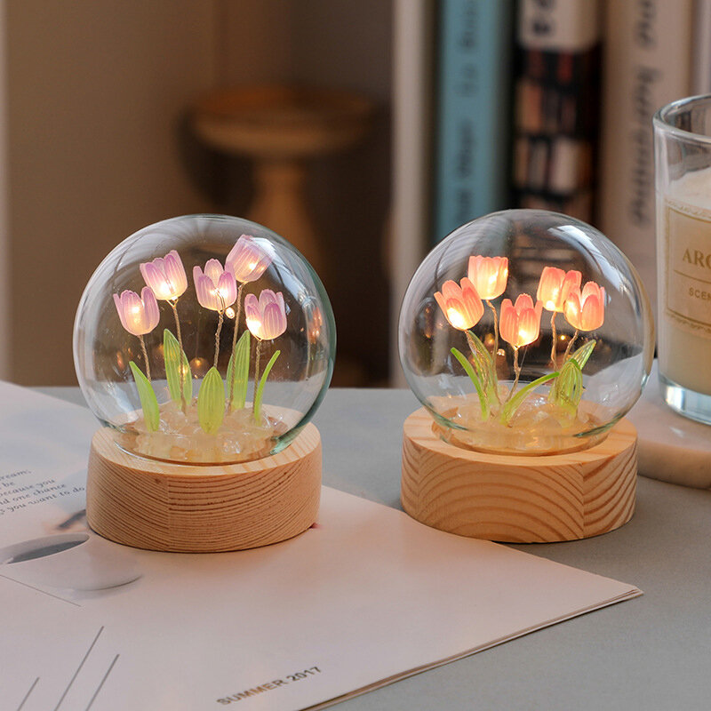 LED Tulip Crystal Glass Ball Night Light Home Bedroom Mini Flower Lamp Ornament Wedding Party Decoration DIY Birthday Gift