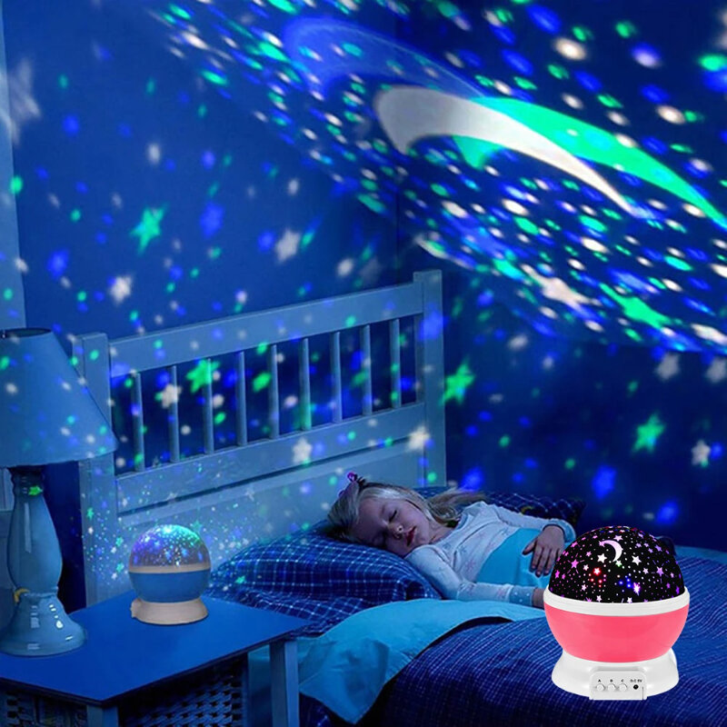 Lampu malam proyektor LED, lentera meja berputar otomatis untuk bayi langit berbintang galaksi bulan hadiah anak-anak
