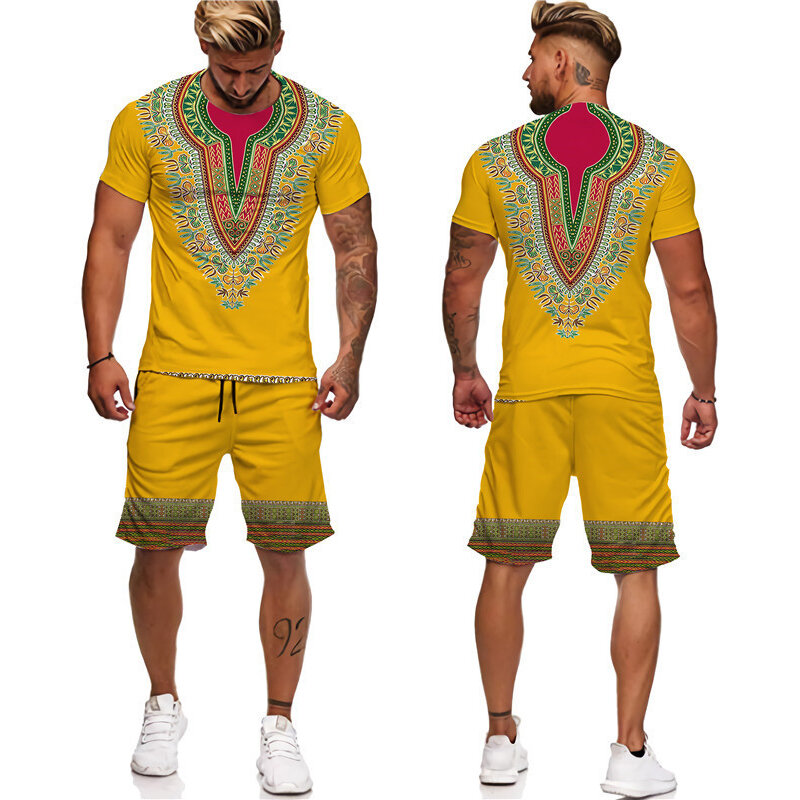 Conjunto de chándal de estilo étnico para hombre, camiseta informal de verano para playa, pantalones cortos, trajes de 2 piezas, ropa Vintage con estampado 3D de gran tamaño