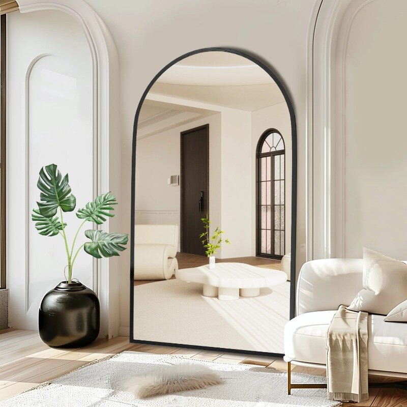 装飾的な長さの鏡、スタンド付きの黒い鏡、リビングルーム、アーチ型のフロアミラー、71インチx31インチ