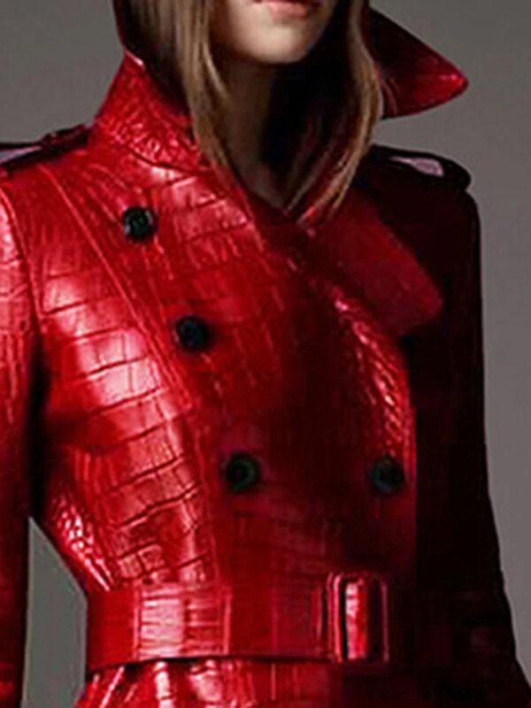 Lautaro ฤดูใบไม้ร่วงสีแดงจระเข้พิมพ์หนัง Trench Coat สำหรับสุภาพสตรีเข็มขัดคู่ Elegant แฟชั่นสไตล์อังกฤษ2021