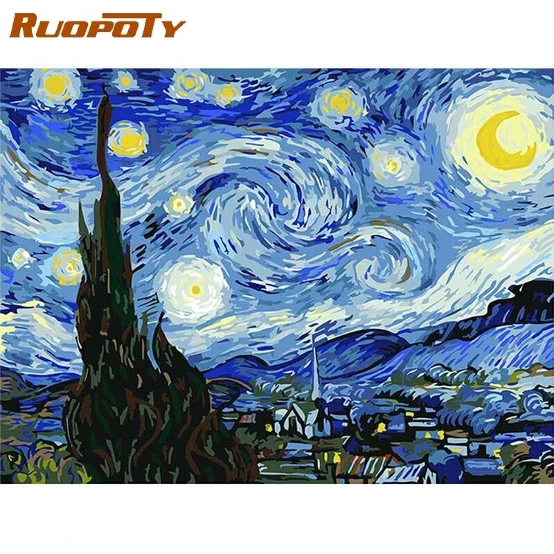 RUOPOTY ramka ręcznie malowany obrazek według numerów Van Gogh gwiaździste niebo obraz według numerów dekoracja ścienna z krajobrazem farba akrylowa na ozdoby do dekoracji domu
