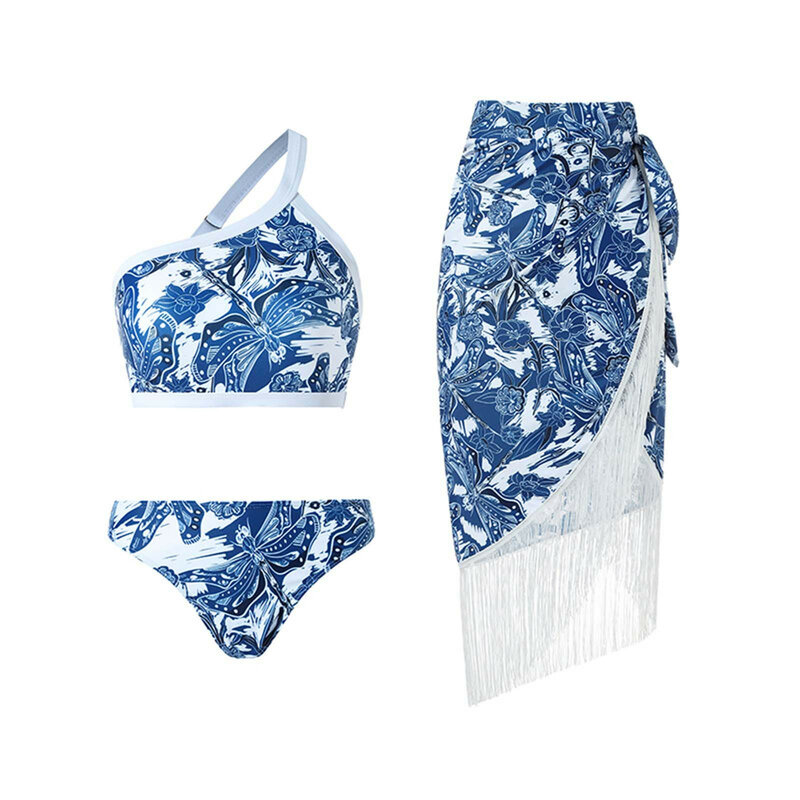 Set di abiti da spiaggia con nappe a una spalla conservatore stampato retrò moda donna (Set di 3 pezzi con imbottiture per reggiseno senza reggiseno in acciaio)