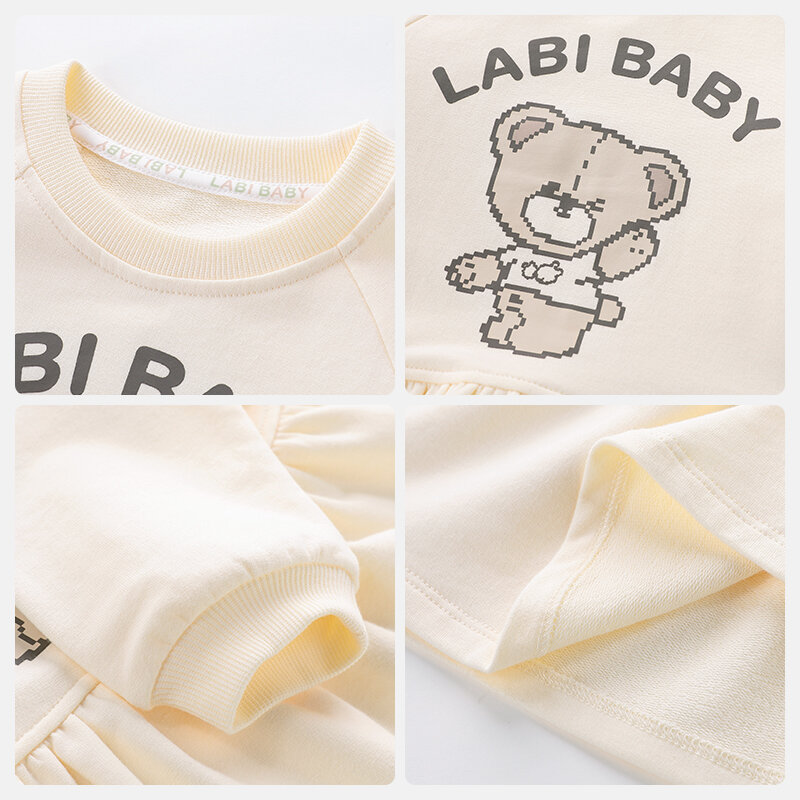LABI Baby-Girls mangas compridas em gola redonda, vestidos casuais infantis, roupas ao ar livre infantis, roupas de criança, outono