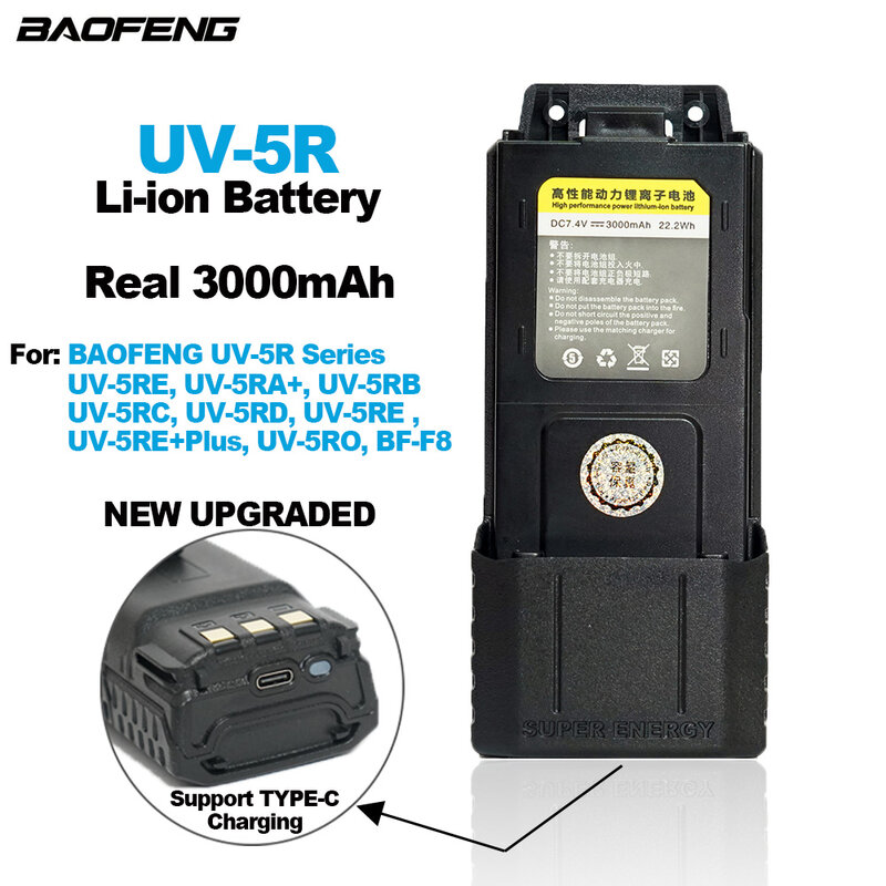 BAOFENG-Bateria Extra Walkie Talkie, Suporte de Carregamento Tipo-C, Rádios em Dois Sentidos, 3000mAh, Adequado para UV5R, BF-F8HP, F8 +, UV5RT, Real, UV-5R