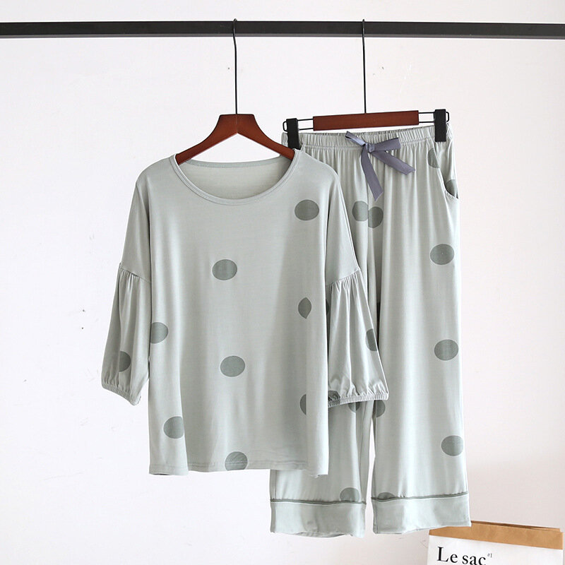 홈웨어 여성 3/4 소매 송아지 길이 바지 정장, 폴카 도트 모달 풀오버 프린트 여름 얇은 스트레치 잠옷