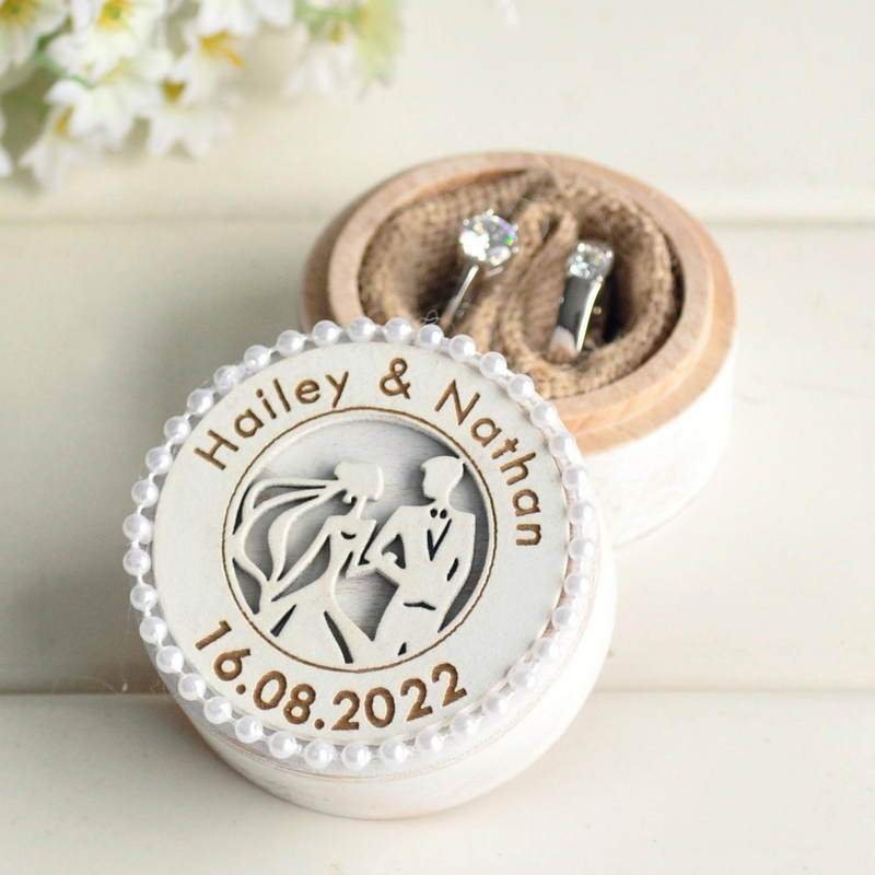 Caja de anillos de boda personalizada, soporte de anillos de compromiso, soporte de anillo de madera para ceremonia de boda