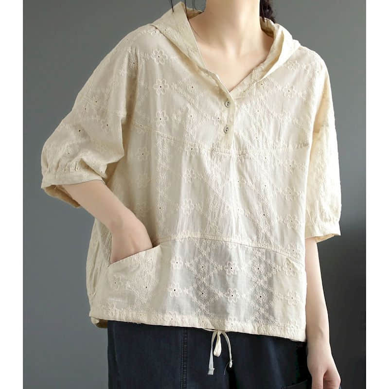 95% bawełniane koszule damskie w stylu Vintage pół rękawa bluzy z kapturem haft luźna codzienna koreańska moda Retro bluzka damska topy