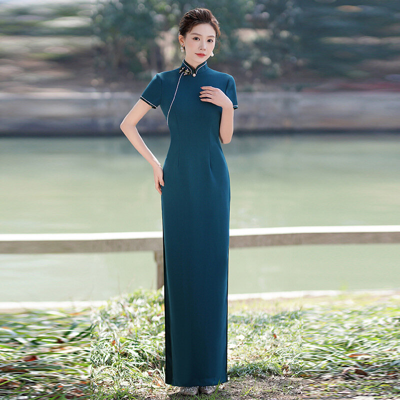 Manica corta lungo Qipao Vintage tradizionale abito da sera da sera nuovo cinese Cheongsam Vestidos 2024 nuovo spettacolo modale Qipao