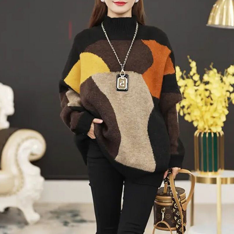 Women's Clothing Casual Jumpers Contrasting Colors Korean Loose Autumn Winter Half High Collar Vintage Midi Knitted Sweaters New