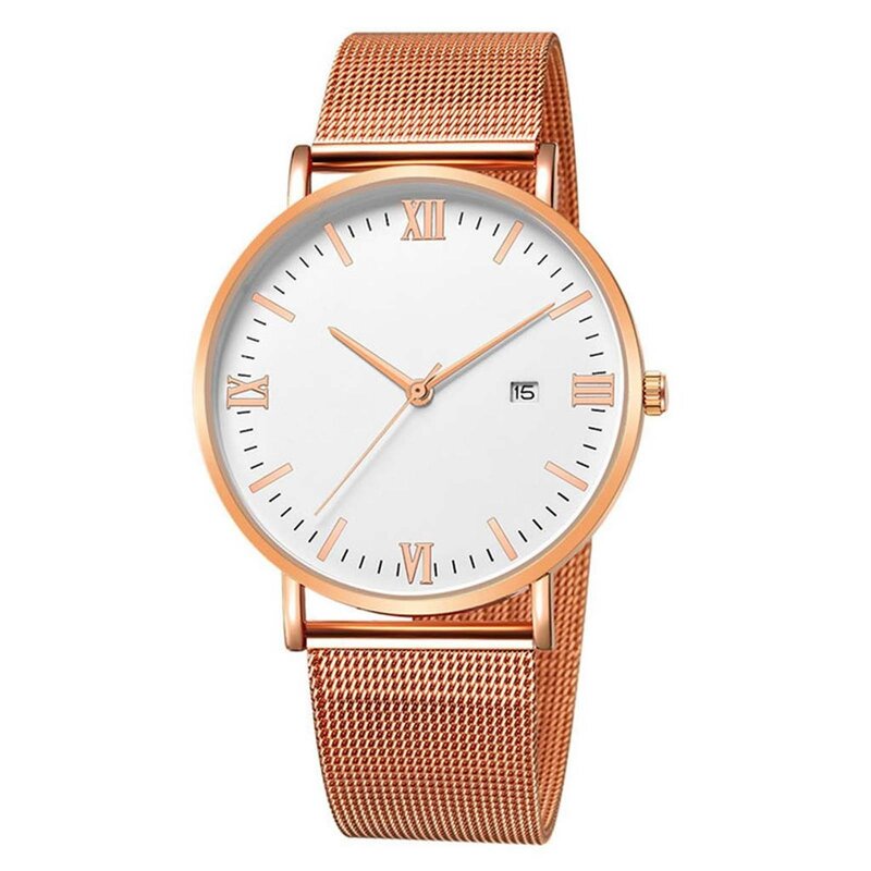 Jam tangan kuarsa untuk pria, arloji Fashion mewah bahan baja tahan karat dengan sabuk jala, jam tangan kalender kuarsa untuk pria