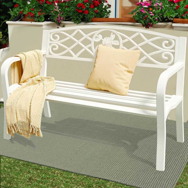Rose Pattern Patio Bench With Backrest and Armrest for Porch Lawn Balcony Backyard and Indoor White Freight Free Outdoor Benches