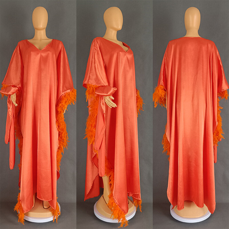Elegant Women Imitated Silk Dress V-Neck Feathers Maxi Dress Large Size Evening Party Gown Muslim Abaya Dubai Kaftan Turkey Robe