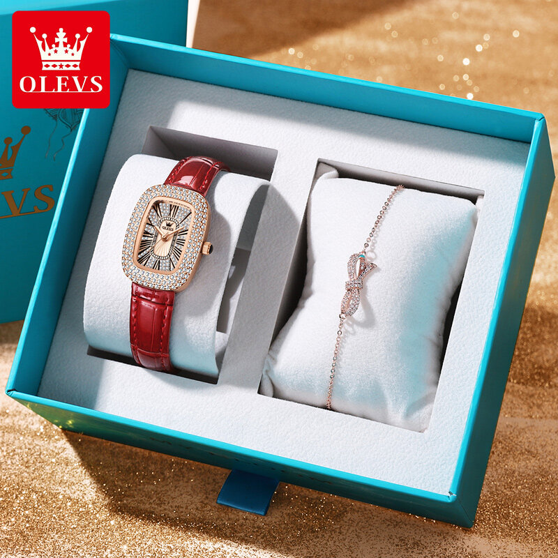 OLEVS jam tangan kuarsa kulit merah wanita, arloji olahraga bisnis Mantianxing berlian kelas atas modis mewah kualitas tinggi + kotak