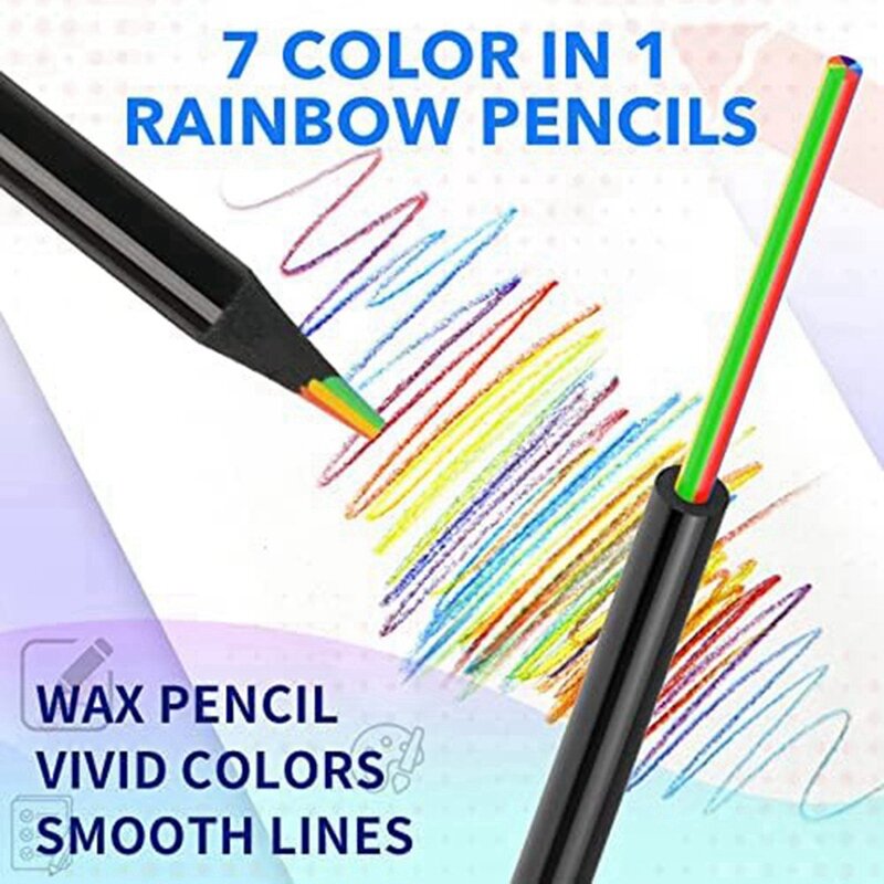 木製レインボーカラー鉛筆、7色in 1、描画用鉛筆、着色、スケッチ、マルチカラーコア、12