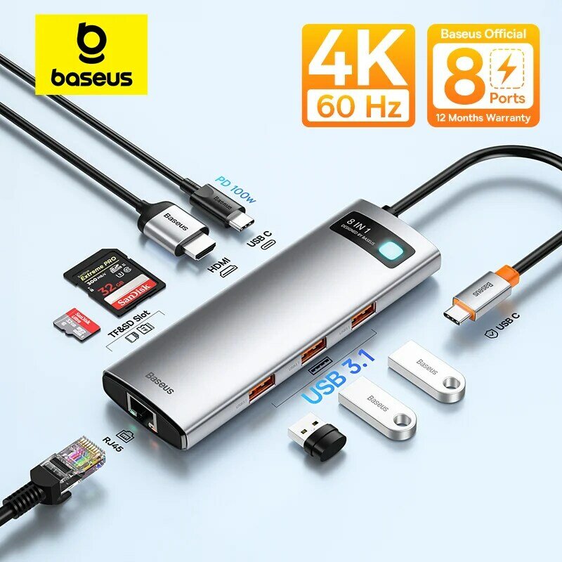 Baseus stasiun Dok Port Ethernet, Hub USB C Tipe C ke HDMI 10Gbps, stasiun dok untuk MacBook Air M1 M2