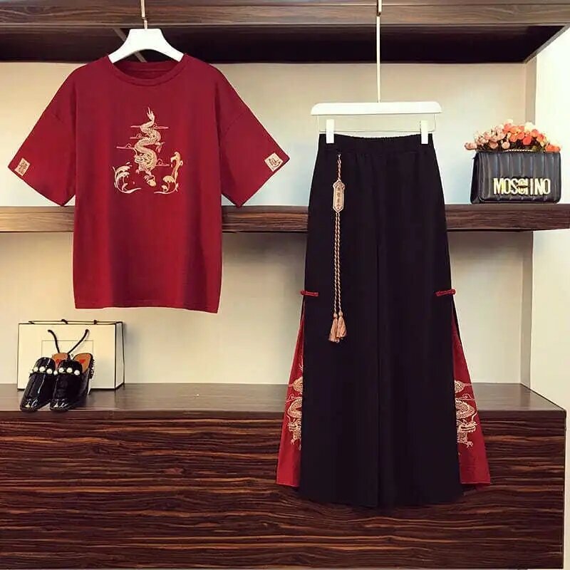 Atasan Kaus Harajuku Jepang Baru 2022 Setelan Tang Gaya Cina Kaus Kasual Wanita Set Celana Kung Fu Kaki Lebar Pakaian Oriental