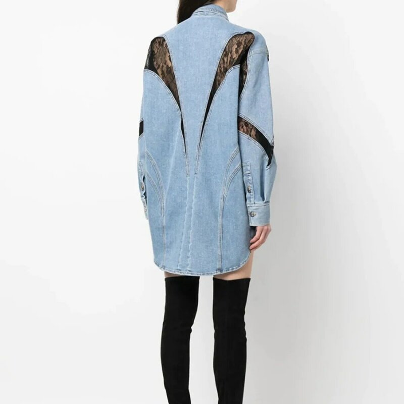 데님 레이스 셔츠 여성 비즈니스 작업복, 긴팔 1 피스 블레이저 재킷, 용수철 캐주얼 코트