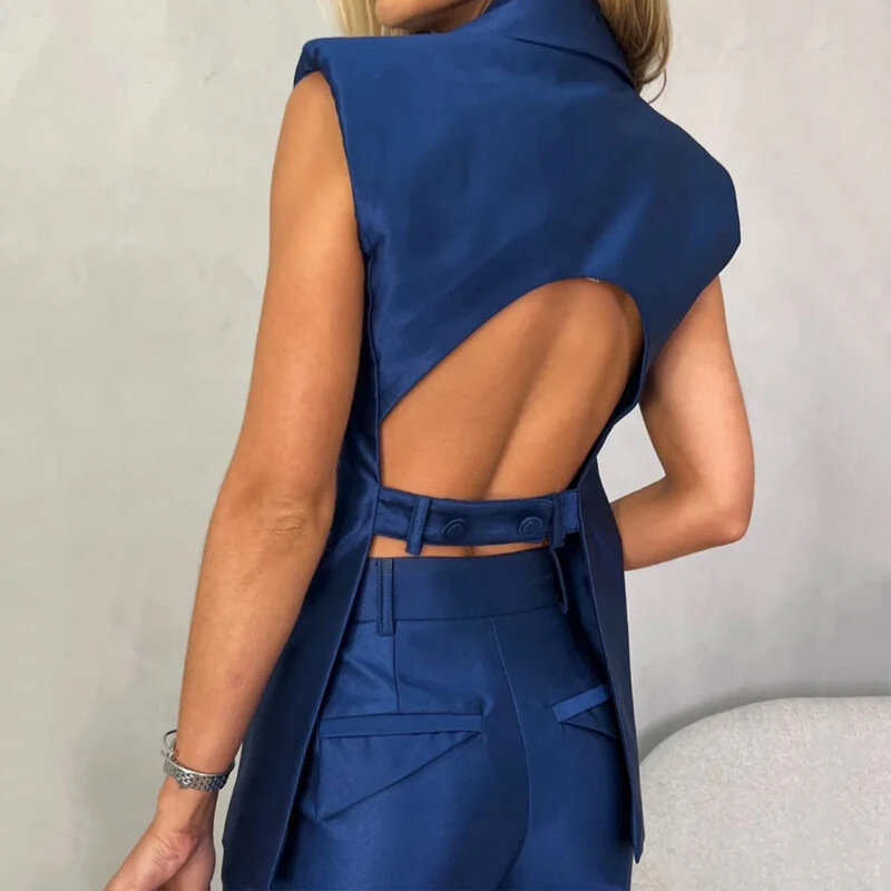 Casual Women Set Sexy Backless Top Sleeveless Vest Suit +Straight-leg Pants Set Two Piece Woman Clothes Outfits Work Streetwear