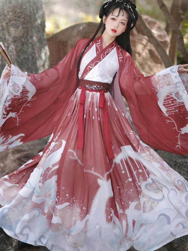 Hanfu asli 3 buah kostum Cina kuno pakaian wanita kostum tarian Hanfu tradisional gaun peri rakyat untuk wisuda