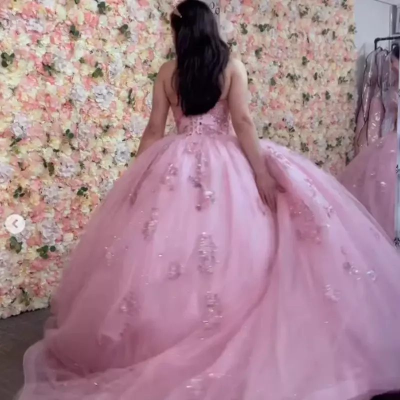 Vestidos princesa Quinceanera para meninas, vestidos rosa de cristal, vestido formal de festa de aniversário de trem do tribunal 15 anos
