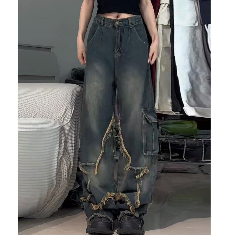 Star Girl Y2k Cargo spodnie 2023 moda wysoka talia prosto spodnie z szerokimi nogawkami mężczyzn kobiety Grunge Vintage workowate dżinsy Y2k Streetwear