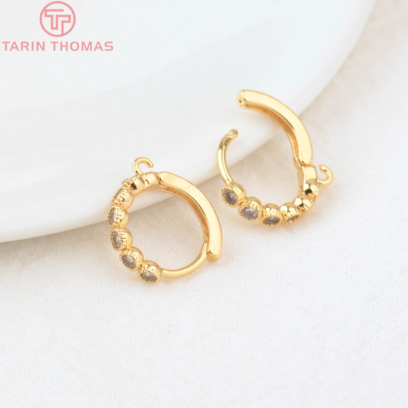 (2657)6PCS 13.5MM Hole 1.5MM 24K Gold Color Brass with Zircon Round Earring Hoop High Quality DIY Jewelry Making Findings